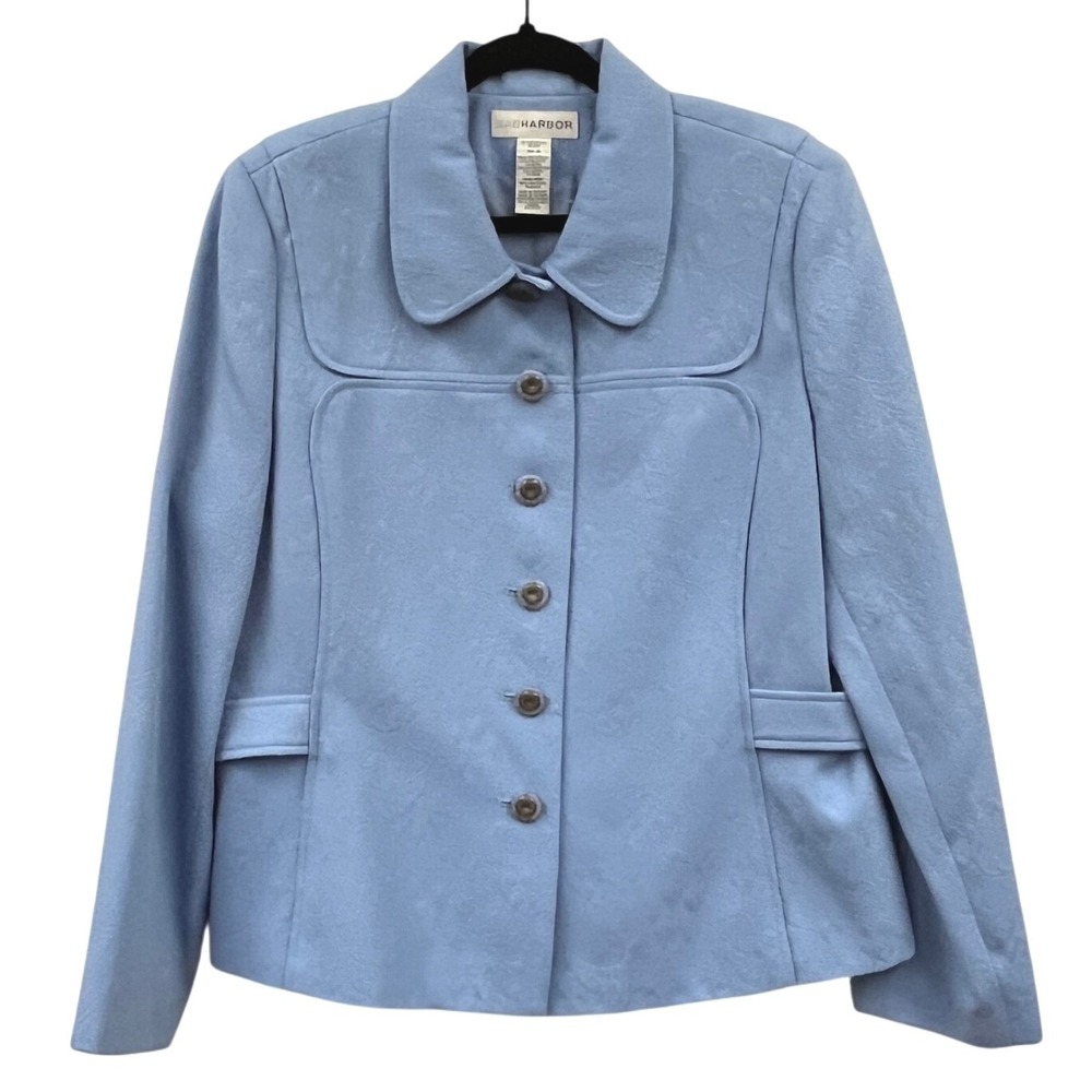 Sag Harbor Jacket Womens 16 Blue Floral Jacquard Peter Pan Collar Button Front - Picture 2 of 10